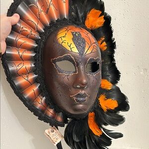 Handpainted Feathered Masquerade Mask in Black & Orange